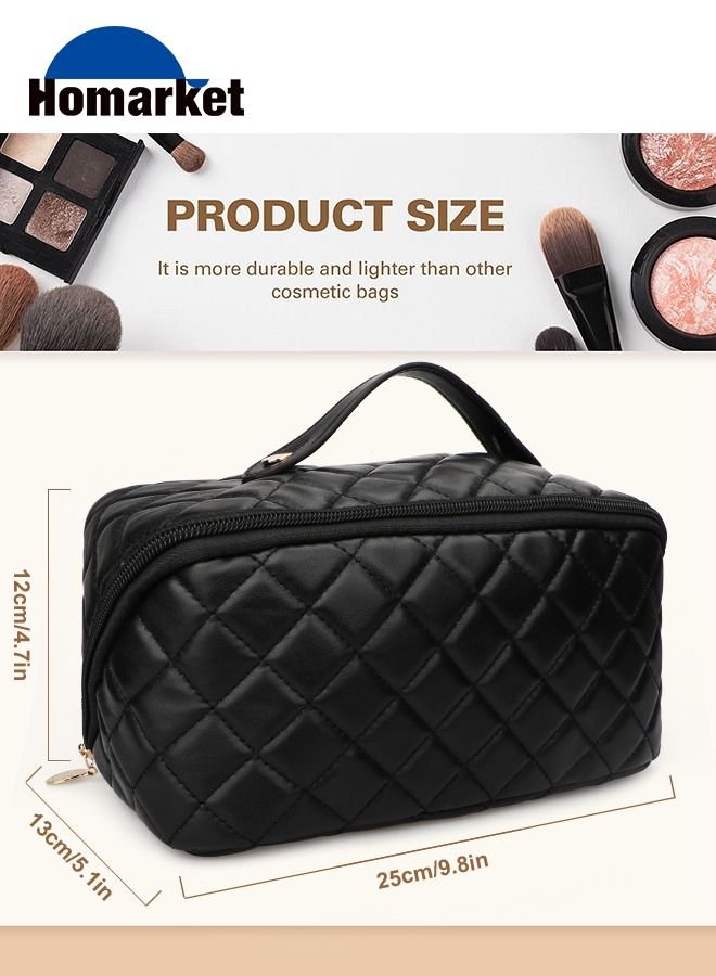 HomarKet Large Capacity Travel Cosmetic Bag - Portable Makeup Bags for Women Travel Toiletry Bag Waterproof Leather Checkered Makeup Organizer Bag, Roomy Cosmetic Bag for Women and Girls, Black - Image 5
