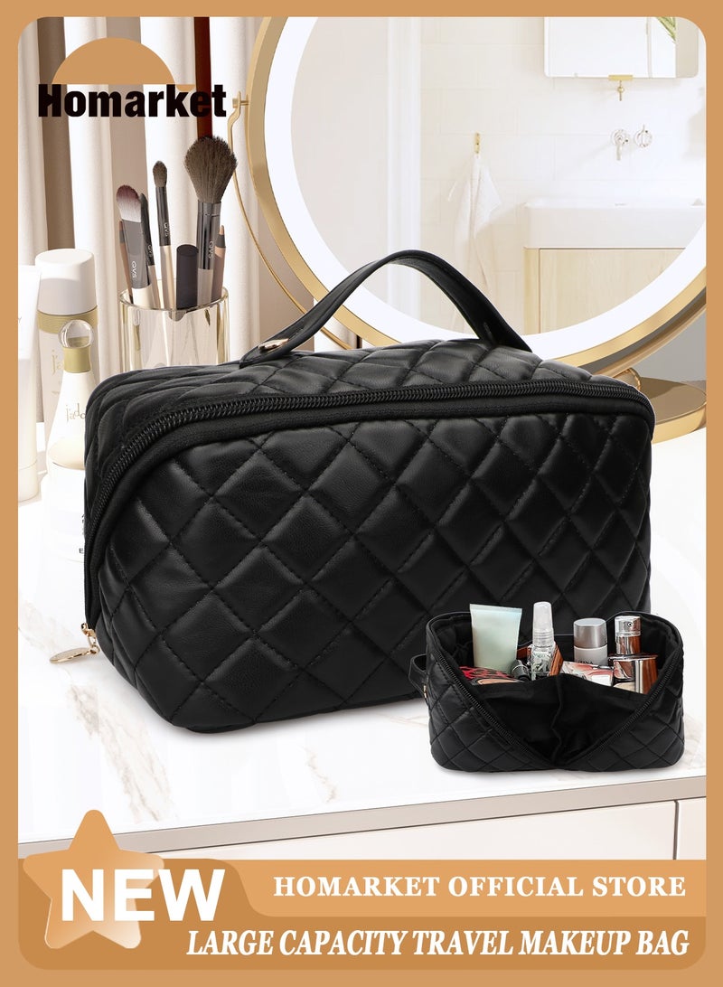 HomarKet Large Capacity Travel Cosmetic Bag - Portable Makeup Bags for Women Travel Toiletry Bag Waterproof Leather Checkered Makeup Organizer Bag, Roomy Cosmetic Bag for Women and Girls, Black - Image 1