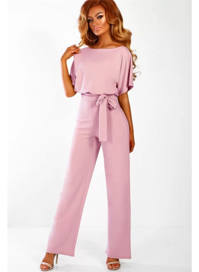 Women's Explosions Europe And The United States Summer Button Lace-up Short Sleeve Jumpsuit 