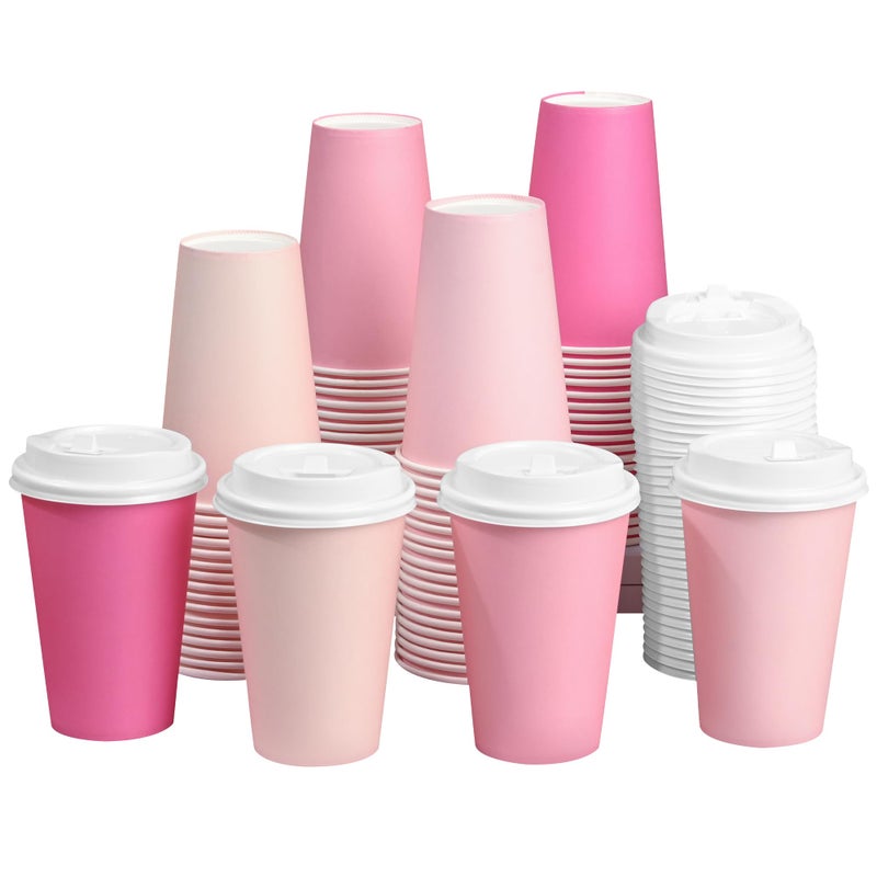 Purhapfre 40 Pcs 12 oz Pink Disposable Coffee Cups with Lids Hot Pink Light Pink Gradient Paper Cups for Hot and Cold Beverage Water Juice Coffee Tea Party Wedding Bride Shower Supplies