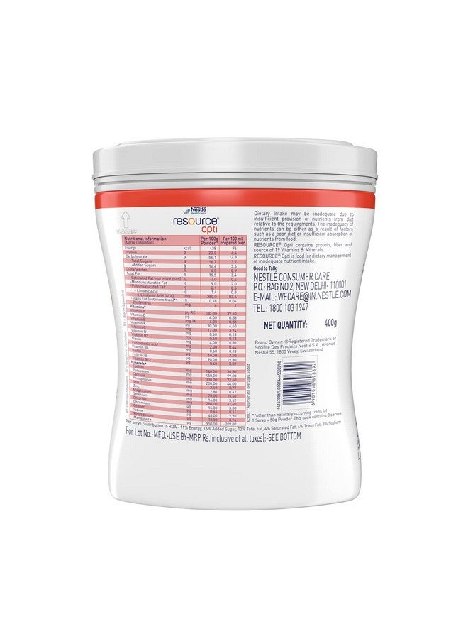 ReSource Nestle Health Science, Resource, Opti, Food For Dietary Management, Vanilla Flavour- 400g, Pet Jar  - Image 2
