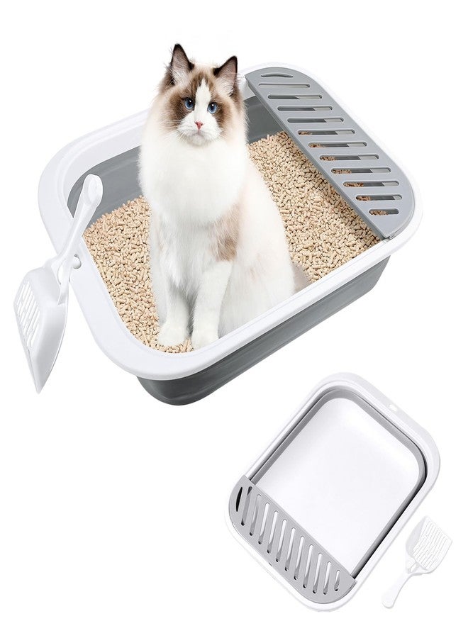 LUOKER Cat Litter Box for Travel, 18"×14" Grey Small Litter Box for Open Foldable Waterproof Litter Pan,Kitty Litter Box Easy to Clean and Assemble, Portable Litter Box with Scoop - Image 1