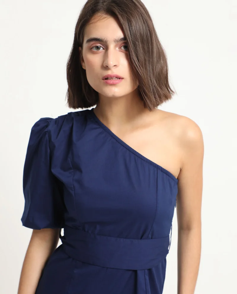 Rareism Rareism Women Rotler Navy Cotton Lycra Fabric Off Shoulder Zip Closure One Shoulder Puff Sleeve Regular Fit Plain Short Boxy Dress