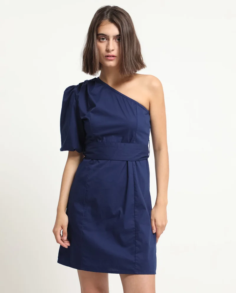 Rareism Rareism Women Rotler Navy Cotton Lycra Fabric Off Shoulder Zip Closure One Shoulder Puff Sleeve Regular Fit Plain Short Boxy Dress