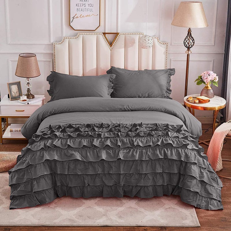 EASY BEDDING 3 PCS Half Ruffle Duvet Cover Set 300 Thread Count 1 Piece Duvet Cover with Zipper Closure and 2 Piece Pillow Cover 100 Cotton Soft Warm Dark Grey Solid King Size - Image 1