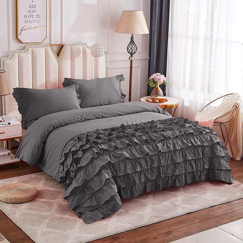 EASY BEDDING 3 PCS Half Ruffle Duvet Cover Set 300 Thread Count 1 Piece Duvet Cover with Zipper Closure and 2 Piece Pillow Cover 100 Cotton Soft Warm Dark Grey Solid King Size - Image 2