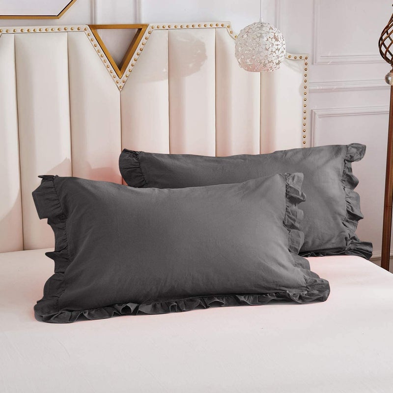 EASY BEDDING 3 PCS Half Ruffle Duvet Cover Set 300 Thread Count 1 Piece Duvet Cover with Zipper Closure and 2 Piece Pillow Cover 100 Cotton Soft Warm Dark Grey Solid King Size - Image 4