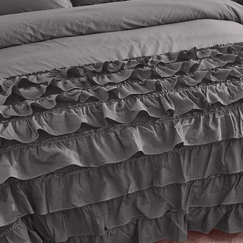 EASY BEDDING 3 PCS Half Ruffle Duvet Cover Set 300 Thread Count 1 Piece Duvet Cover with Zipper Closure and 2 Piece Pillow Cover 100 Cotton Soft Warm Dark Grey Solid King Size - Image 3