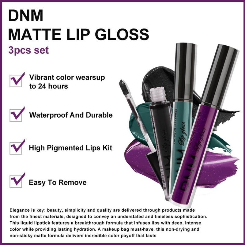 DNM 3Pcs Dark Black Green Purple Matte Liquid Lipstick Lip Stain Sets for Women Long Lasting Waterproof, 24 Hours Goth Lipstick labiales matte mate larga duracion listip 24 hours, 19# - Image 4
