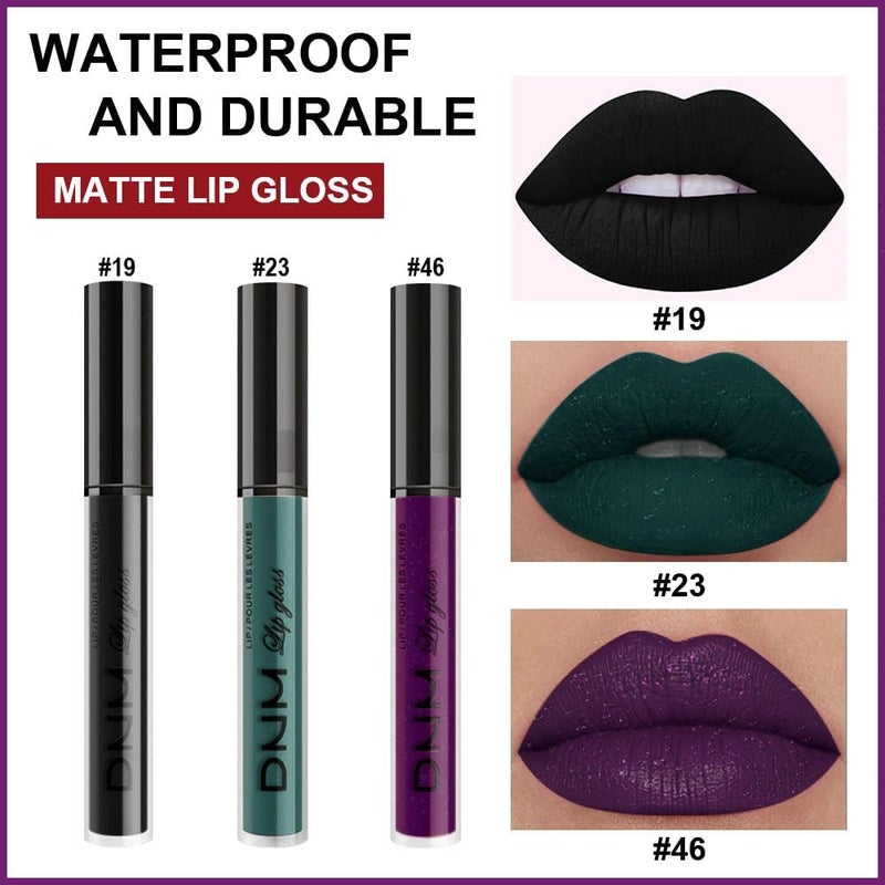 DNM 3Pcs Dark Black Green Purple Matte Liquid Lipstick Lip Stain Sets for Women Long Lasting Waterproof, 24 Hours Goth Lipstick labiales matte mate larga duracion listip 24 hours, 19# - Image 2