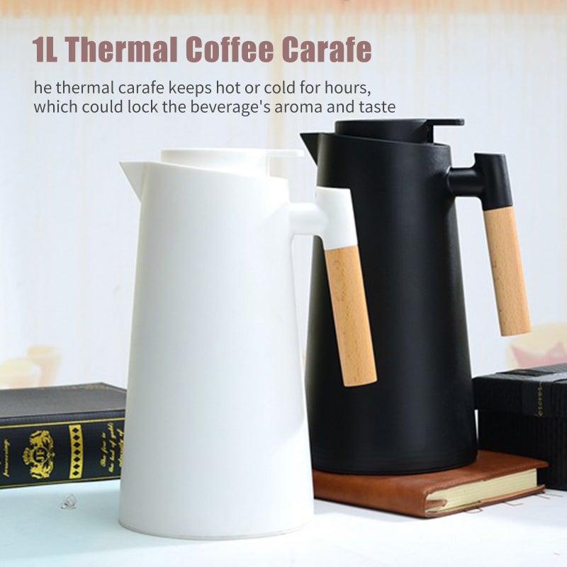 1L Thermal Coffee Carafe Double Walled Vacuum Coffee Pot Thermal Carafe Thermos Pot With Wood Handle Water Kettle Insulated Flask Tea Carafe Keeping Hot Cold - Image 4