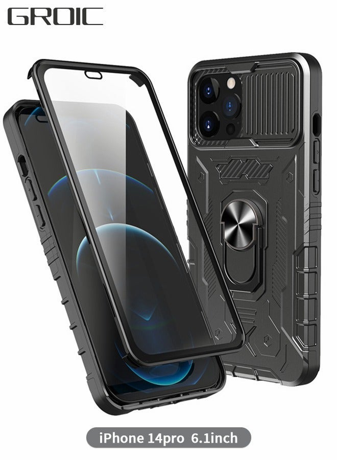 جرويك غطاء لهاتف آيفون 14 برو مقاس 6.1 بوصة، جراب حماية كامل للجسم 360 درجة، ممتص صدمات من السيليكون مع حامل وطبقة مزدوجة واقي الشاشة الزجاجي المقوى المدمج - Image 1