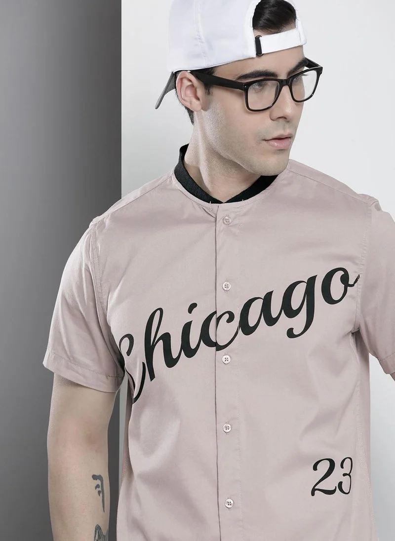 Men Regular Fit Placement Print Half Sleeves Baseball Collar Casual Shirt