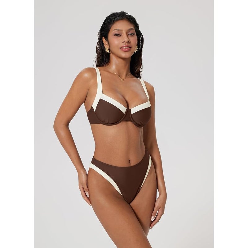 SUUKSESS Women Color Block Underwire Bikini Sets Cheeky High Cut 2 Piece Swimsuit - Image 2