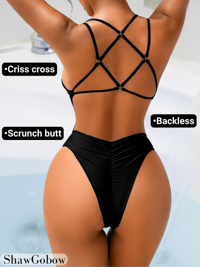 ShawGobow Sexy Swimsuit for Women,Backless Scrunch Butt High Cut Monokini,One Piece Cheeky Bathing Suit Beach Pool Party,Black,Medium - Image 2