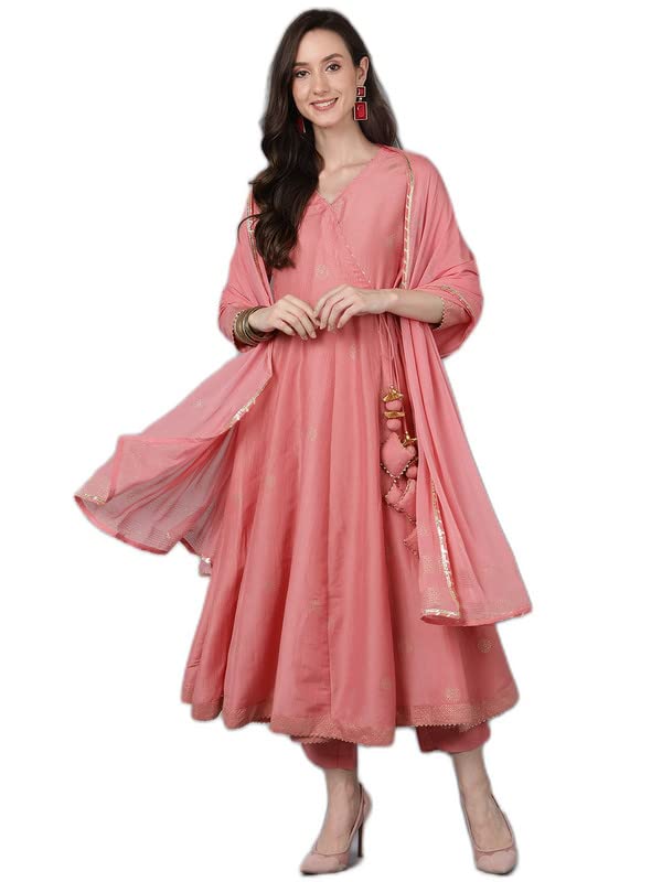Vaamsi Women's Silk Blend Solid Anarkali Kurta Set with Dupatta With Cotton Inner (PKSKD1594_3XL_Pink) - Image 1