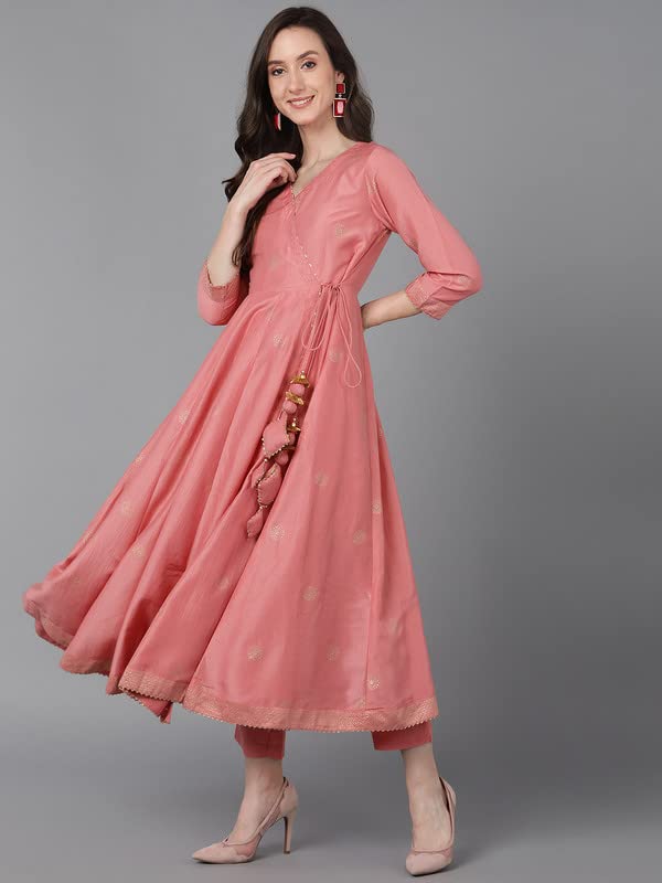 Vaamsi Women's Silk Blend Solid Anarkali Kurta Set with Dupatta With Cotton Inner (PKSKD1594_3XL_Pink) - Image 5