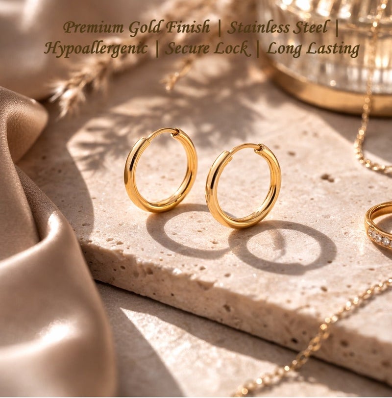 Earss Huggie Hoop Earrings 14 mm Gold Earring | Stainless Steel | 18K Gold Plated - Image 2