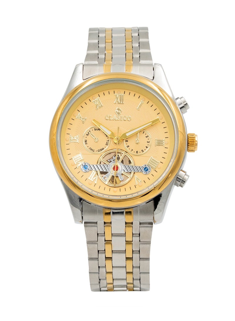 Clasico ساعة نيكزورا كرونوغراف بـ 6 أيدٍ – إصدار الذهب الشمبانيا مع حزام من الفولاذ المقاوم للصدأ – حركة عيار Elite Y121 – تصميم مقاوم للماء - Image 1