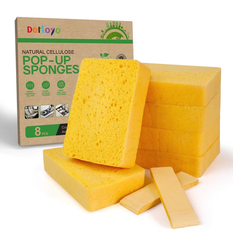 derloyo 8-Count Pop Up Cellulose Sponges | Non-Scratch Eco-Friendly Kitchen Sponges for Dishes, Bathroom, Cars | Tear-Resistant Natural Scrub Sponges | Biodegradable Compostable Cellulose - Image 1