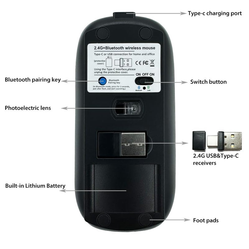 KLO Rechargeable Bluetooth 5.2/3.0/Type-C/USB-2.4G Mouse for MacBook/MacBook air/Pro/iPad, Wireless Mouse for Laptop/Notebook/pc/iPad/Chromebook (Black) - Image 5