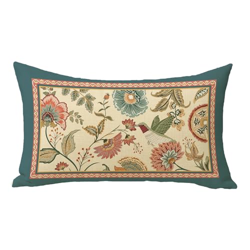 Fjfz Vintage Flower Birds Lumbar Decorative Throw Pillow Covers 12 x 20, Rectangular Elegant Floral Hummingbird Outdoor Home Decor, Farmhouse Wildflower Couch Cushion Case - Image 1