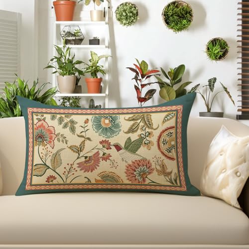 Fjfz Vintage Flower Birds Lumbar Decorative Throw Pillow Covers 12 x 20, Rectangular Elegant Floral Hummingbird Outdoor Home Decor, Farmhouse Wildflower Couch Cushion Case - Image 4
