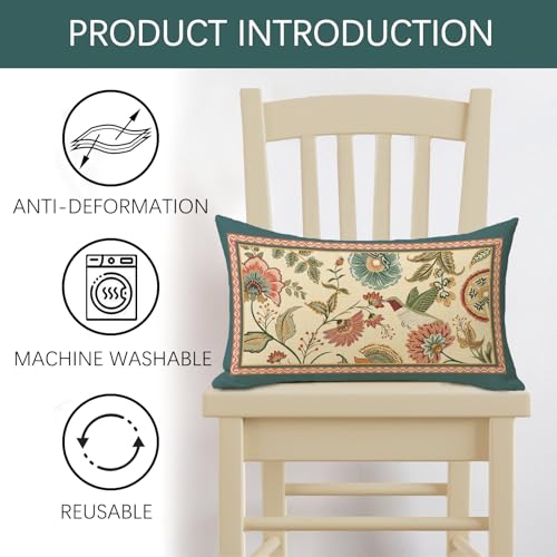 Fjfz Vintage Flower Birds Lumbar Decorative Throw Pillow Covers 12 x 20, Rectangular Elegant Floral Hummingbird Outdoor Home Decor, Farmhouse Wildflower Couch Cushion Case - Image 3