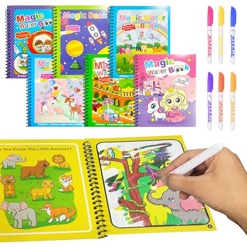 VGRASSP Reusable Magic Water Coloring Painting Book for Kids - Self Drying Water Pen - Fun and Learn Cartoon Educational Drawing Pad (Pack of 6) - Image 1