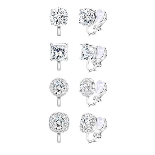 Thunaraz Cubic Zirconia Clip on Earrings - Women Hypoallergenic Comfortable Non Pierced Stud Earrings for Wedding and Dance Competitions Silver Clip-on Earrings - Image 1