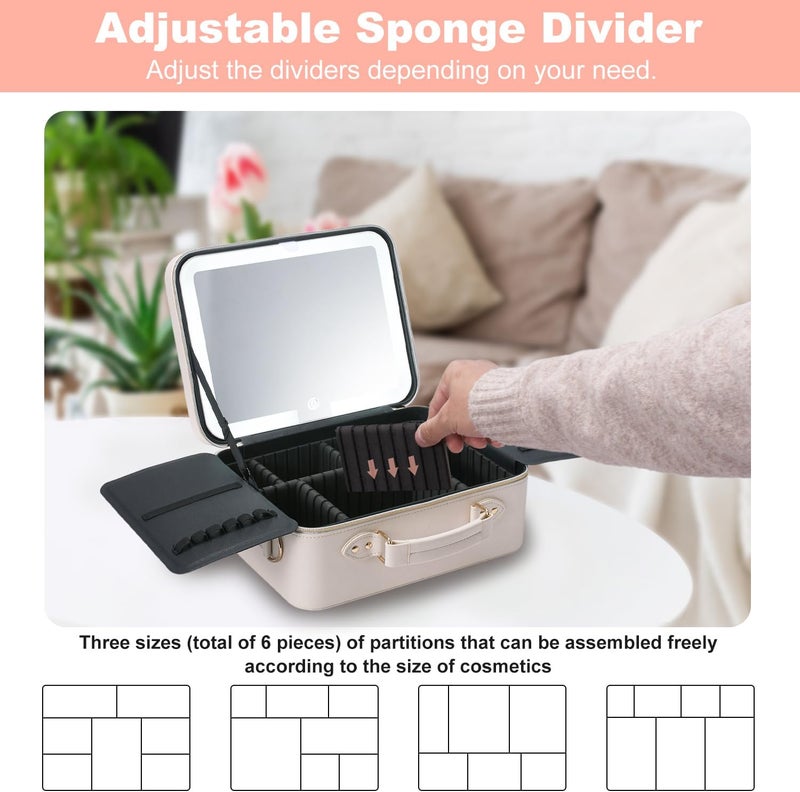 Mocado Travel Makeup Bag with LED Lighted Mirror,Makeup Case with 3 Color Lighted Setting and 10x Magnifying Mirror, Portable Storage and Adjustable Dividers (White with Hard Leather) - Image 4