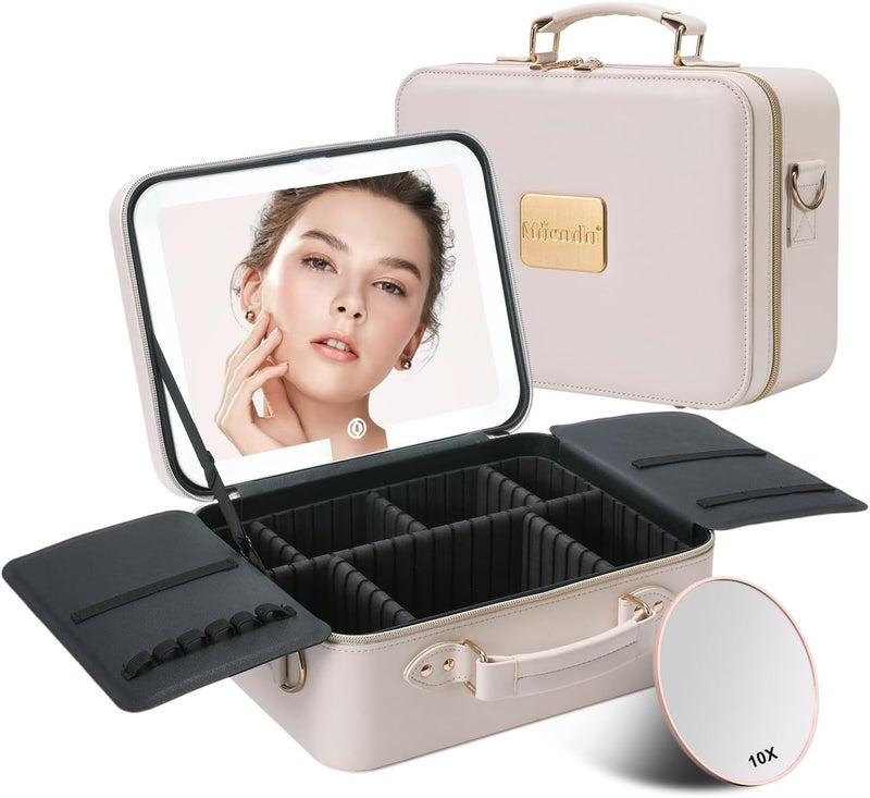 Mocado Travel Makeup Bag with LED Lighted Mirror,Makeup Case with 3 Color Lighted Setting and 10x Magnifying Mirror, Portable Storage and Adjustable Dividers (White with Hard Leather) - Image 1