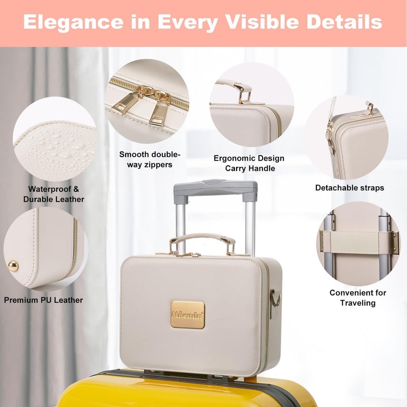 Mocado Travel Makeup Bag with LED Lighted Mirror,Makeup Case with 3 Color Lighted Setting and 10x Magnifying Mirror, Portable Storage and Adjustable Dividers (White with Hard Leather) - Image 3