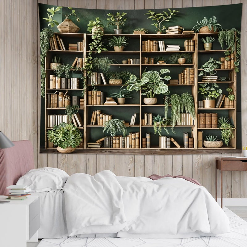 HVEST Green Plant Bookshelf Tapestry Book on Bookshelf and Plant Potted Tapestry Wall Hanging Reading Wall Decor for Study Room Bedroom Living Room College Dorm, 70.9L x 92.5W Inches - Image 3