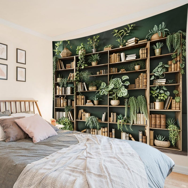 HVEST Green Plant Bookshelf Tapestry Book on Bookshelf and Plant Potted Tapestry Wall Hanging Reading Wall Decor for Study Room Bedroom Living Room College Dorm, 70.9L x 92.5W Inches - Image 1