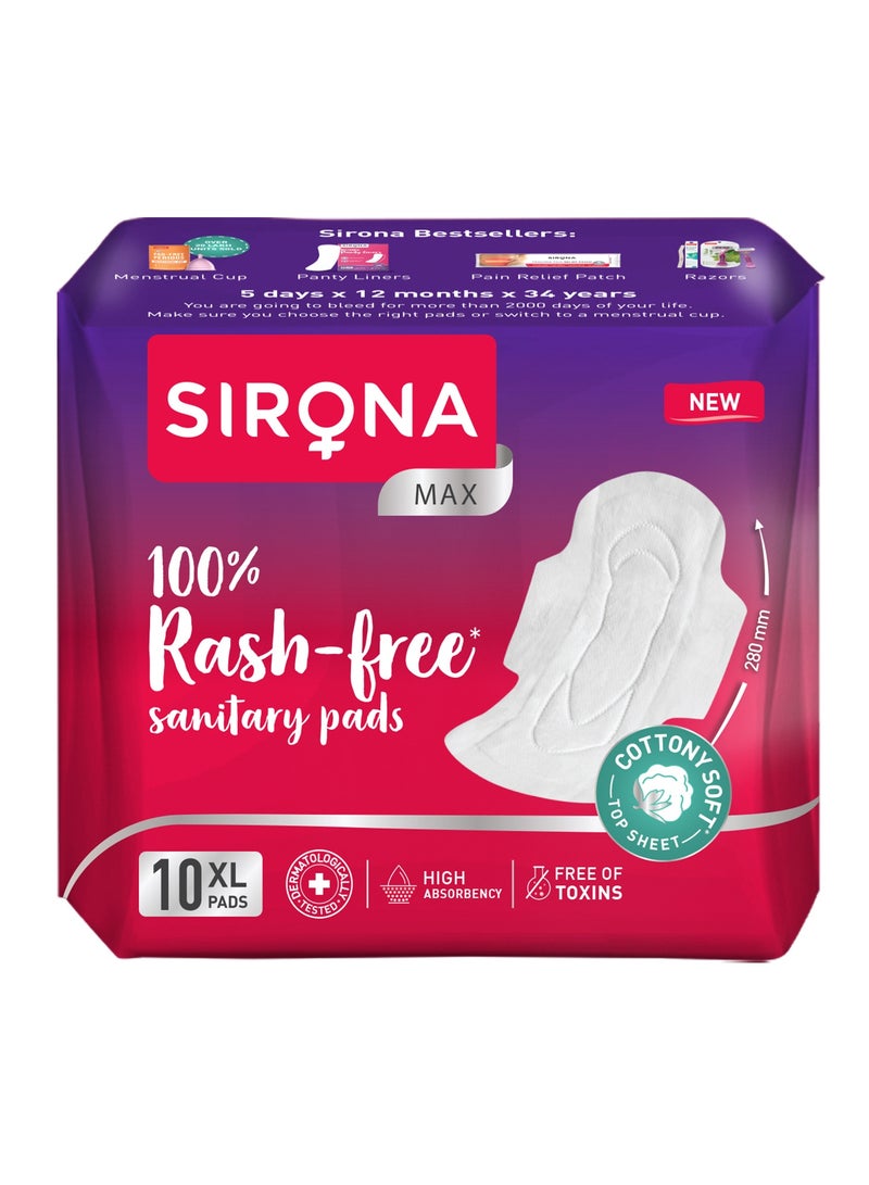 Sirona Max Sanitary Pads for Women | XL (Pack of 10 Pads) | 100% Rash Free & Toxic-Free | Organic Cotton Sanitary Pad | Up to 0% Leakage, Comfortable & High Absorbency - Image 1