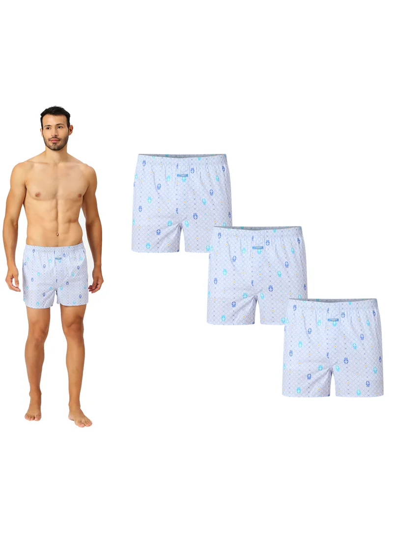 BYC MEN'S PRINTED COTTON BOXER SHORTS (PACK OF 3) - LIGHT BLUE