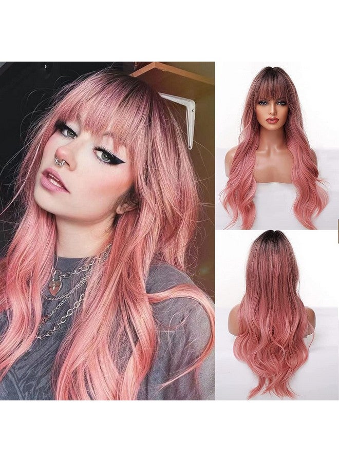 EMMOR Long Ombre Pink Wig For Women Natural Curly Hair Synthetic Wigs With Bang Dark Root Party Cosplay Daily Use (2Pcs Free Wig Cap) - Image 1