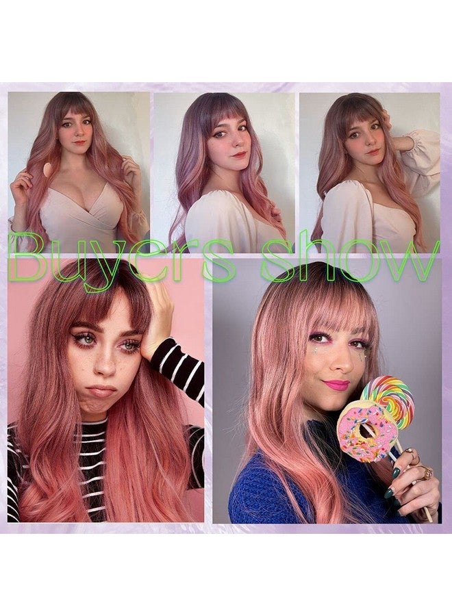 EMMOR Long Ombre Pink Wig For Women Natural Curly Hair Synthetic Wigs With Bang Dark Root Party Cosplay Daily Use (2Pcs Free Wig Cap) - Image 5