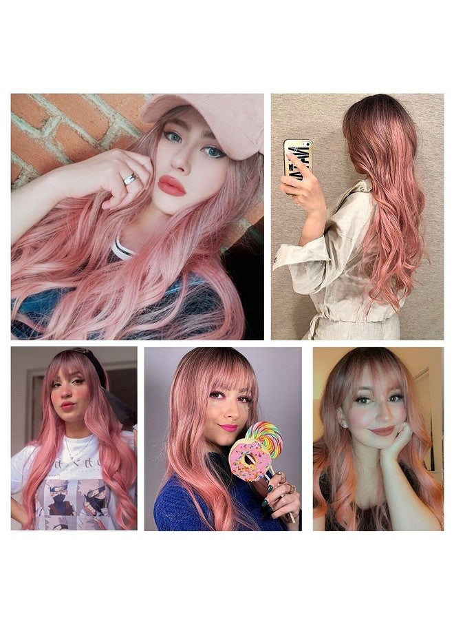 EMMOR Long Ombre Pink Wig For Women Natural Curly Hair Synthetic Wigs With Bang Dark Root Party Cosplay Daily Use (2Pcs Free Wig Cap) - Image 4