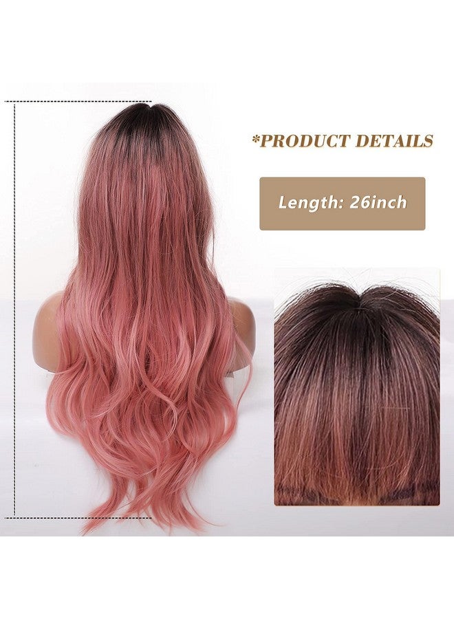EMMOR Long Ombre Pink Wig For Women Natural Curly Hair Synthetic Wigs With Bang Dark Root Party Cosplay Daily Use (2Pcs Free Wig Cap) - Image 3