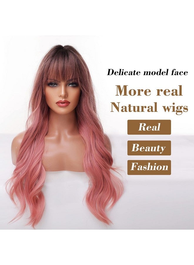 EMMOR Long Ombre Pink Wig For Women Natural Curly Hair Synthetic Wigs With Bang Dark Root Party Cosplay Daily Use (2Pcs Free Wig Cap) - Image 2