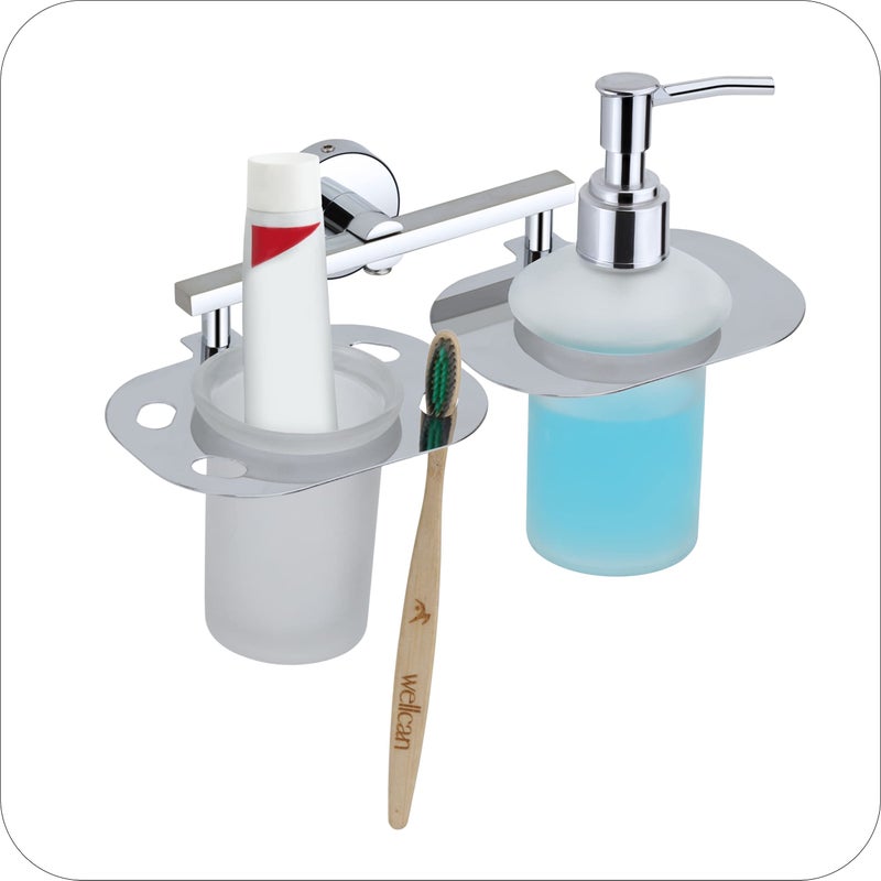 KANJAL soap Dispenser with Toothbrush Holder for washbasin Liquid Dispenser and Brush Holder for Bathroom Tumbler Holders dispensers LX27(304 Stainless Steel,Chrome Finish,Frosted Glass) - Image 2