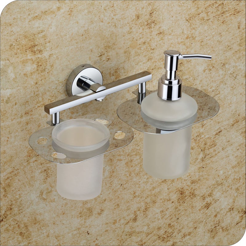 KANJAL soap Dispenser with Toothbrush Holder for washbasin Liquid Dispenser and Brush Holder for Bathroom Tumbler Holders dispensers LX27(304 Stainless Steel,Chrome Finish,Frosted Glass) - Image 1