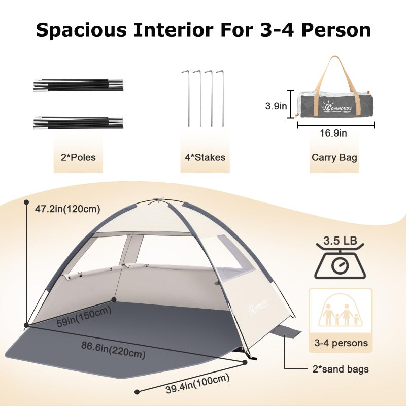 COMMOUDS Beach Tent Sun Shade for 3/4/6/8 Person, UPF 99+ Beach Sun Shelter Canopy Tent, Lightweight, Easy Set Up and Carry - Image 2