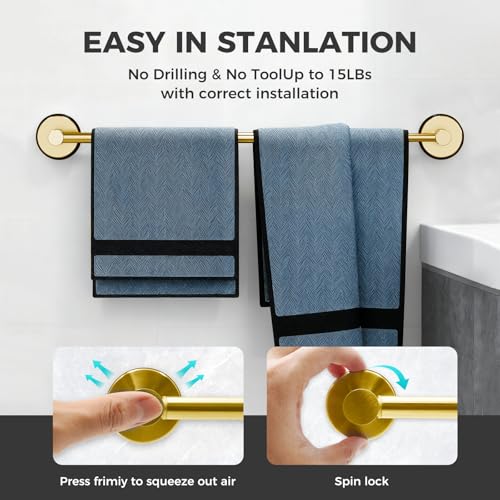 WingWider Adjustable Suction Cup Towel Bar for Bathroom Wall,14.6Inch~24 Inch Towel Racks for Bathroom,Stainless Steel Bath Towel Holder for Shower(Brushed Gold) - Image 3