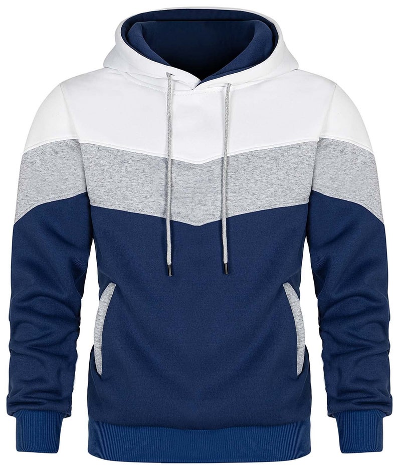 Keasmto Mens Hoodies Pullover Sweatshirt Color Block Fleece Long Sleeve Patchwork Casual Hoodie with Pocket White Grey Blue XL - Image 1
