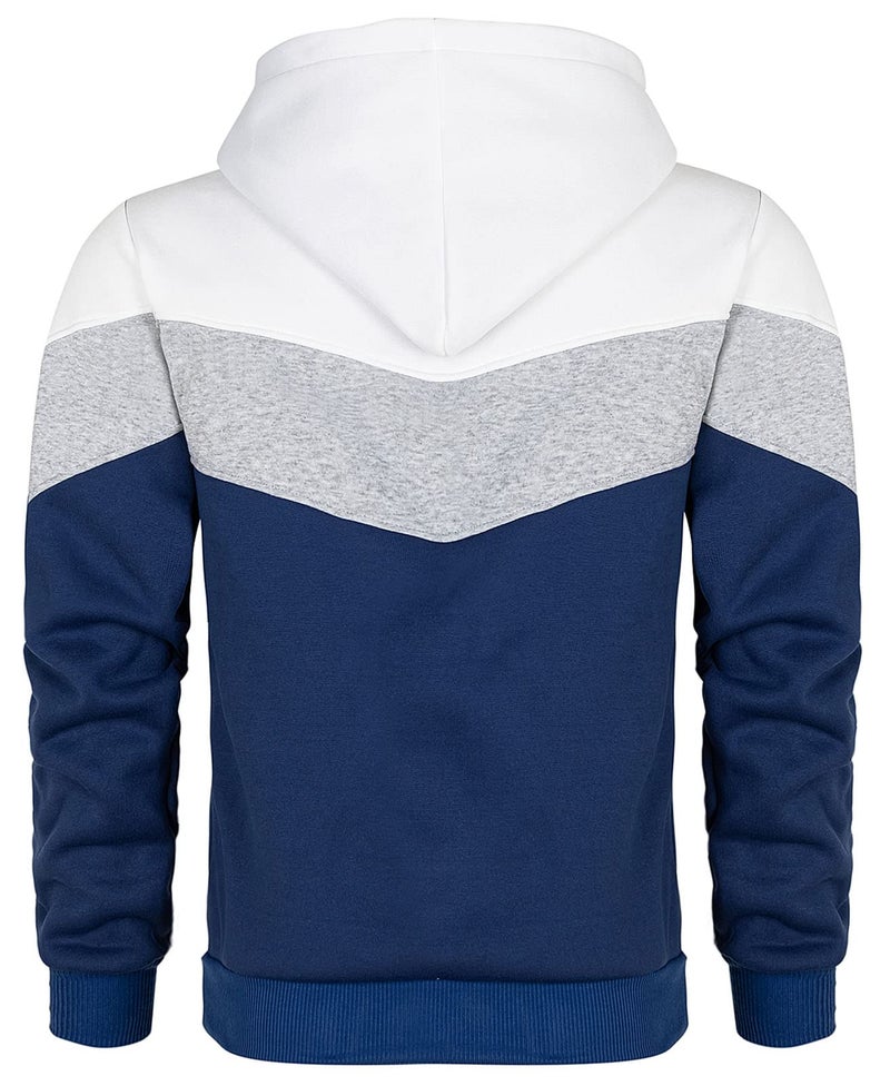 Keasmto Mens Hoodies Pullover Sweatshirt Color Block Fleece Long Sleeve Patchwork Casual Hoodie with Pocket White Grey Blue XL - Image 3