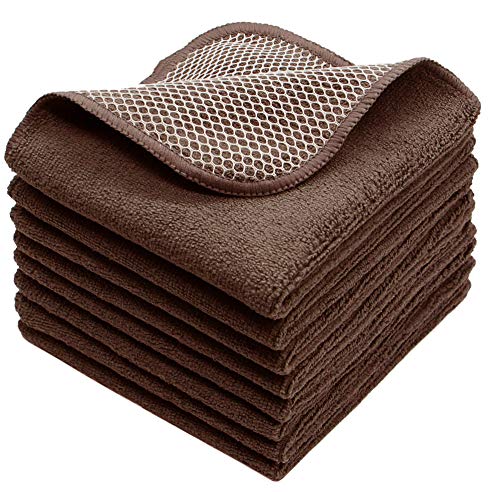 VeraSong Microfiber Dish Cloths Fast Drying Kitchen Cleaning Cloth Dish Rags Dust Cloths Ultra Absorbent Lint Free Washcloths with Poly Scrub Side 12inch x 12inch 8 Pack (Brown) - Image 1