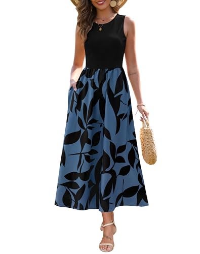 Zattcas Spring Summer Dresses for Women 2026 Sleeveless Ribbed Tank Top Patchwork A Line Flowy Modest Teacher Church Business Casual Work Long Maxi Dress with Pockets Black Blue L - Image 1